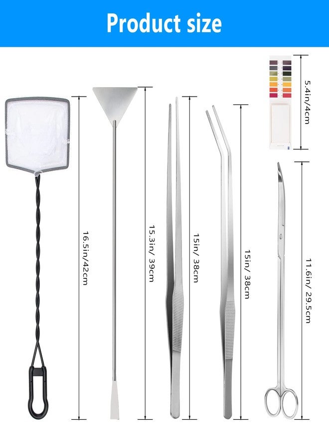 Liveek 7 in 1 Aquarium Aquascape Tool Kit 15 inch, Aquatic Plant Extra Long Aquascaping Tool for Aquarium Fish Tanks Clean Accessories Set with Silver Tweezer Scissor Spatula, Fish Net, PH Paper, Bag - Image 2